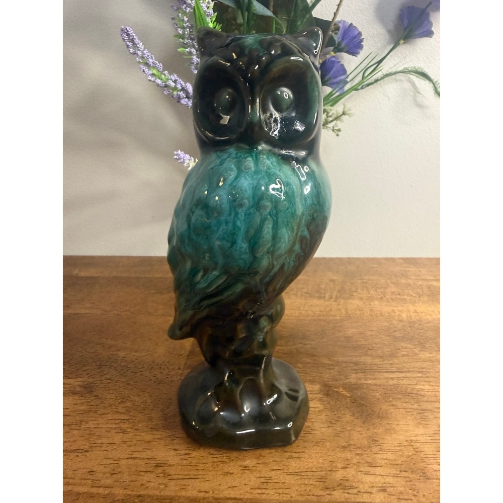 Vintage MCM Ceramic Owl Figurine Green Black Drip Glaze Mid Century Pottery